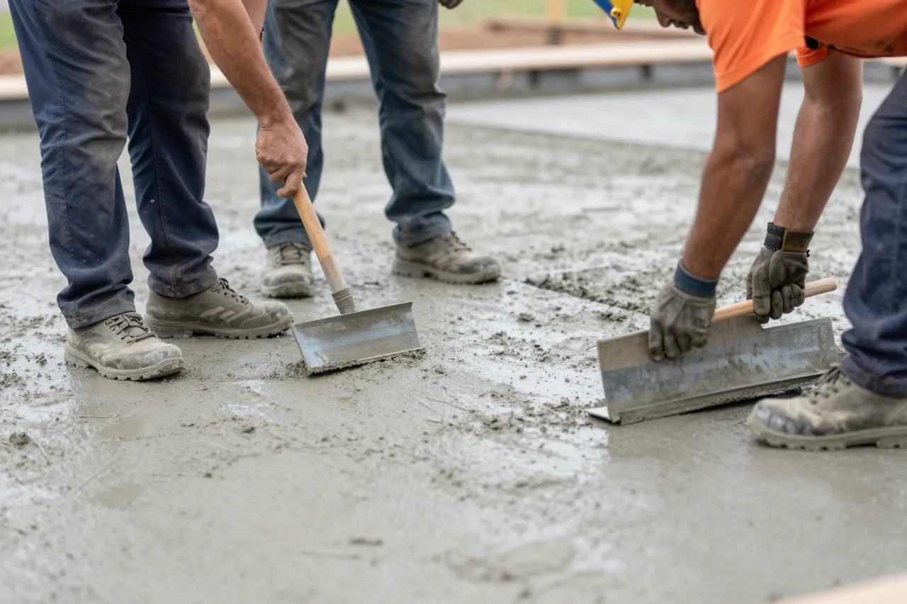 Construction workers use trowels to level fresh wet concrete at a building site.