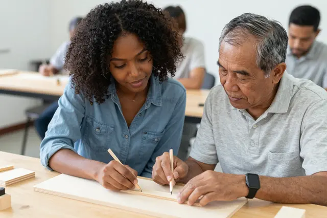 Older Southeast Asian man mentors a young Black woman as they draft on a wooden workbench