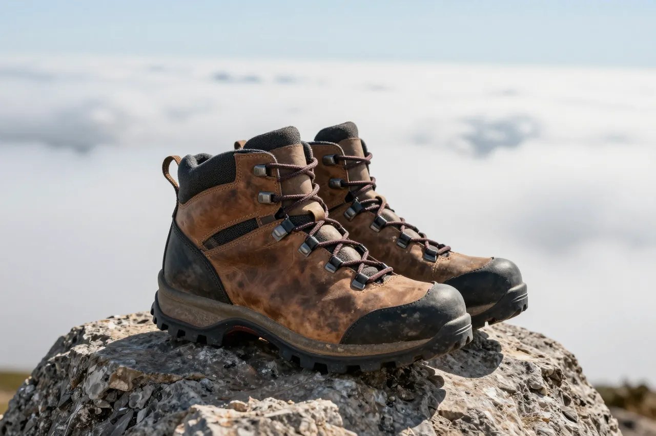 Scuffed brown leather hiking boots rest on a rocky outcrop above a vast sea of clouds