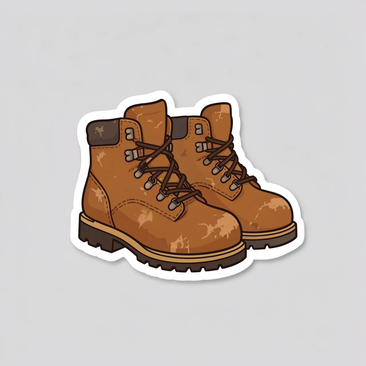 A cute flat die-cut illustration of scuffed brown hiking boots with a white sticker border on a light gray background