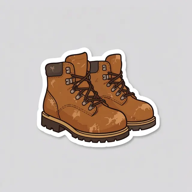 A cute flat die-cut illustration of scuffed brown hiking boots with a white sticker border on a light gray background