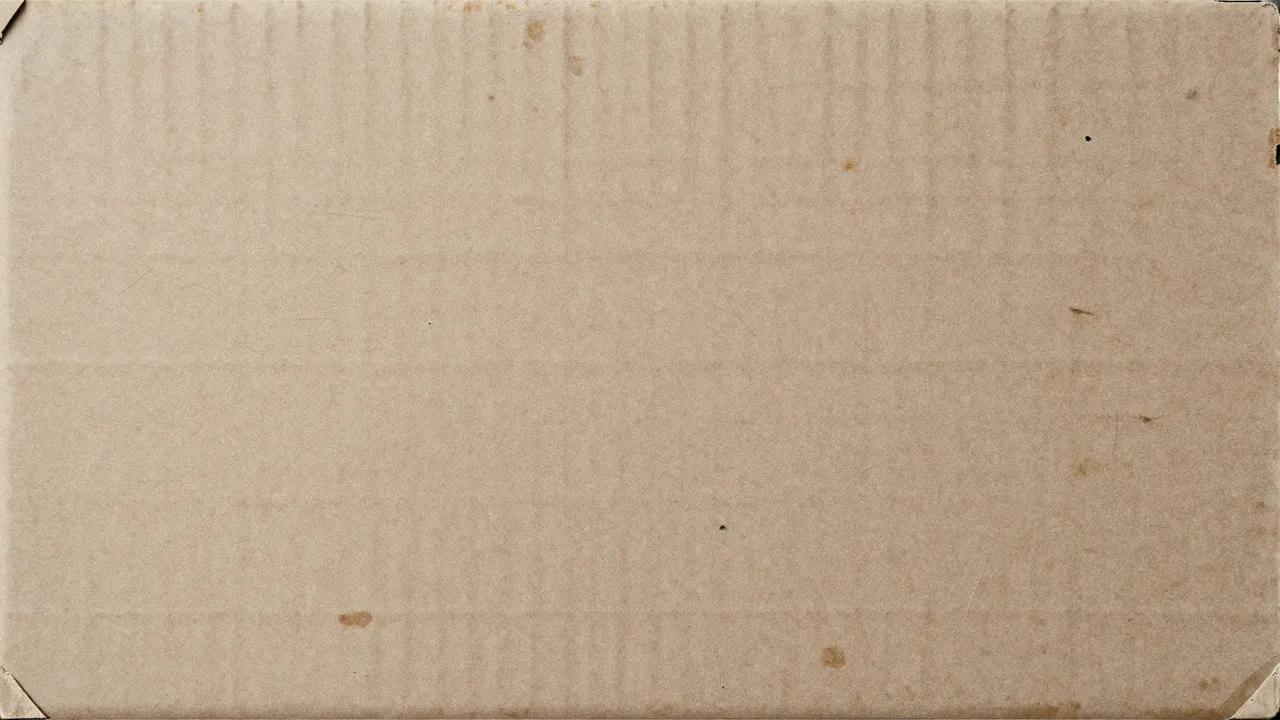 Full frame close-up of aged scuffed cardboard with faint stains and frayed corner edges under even light
