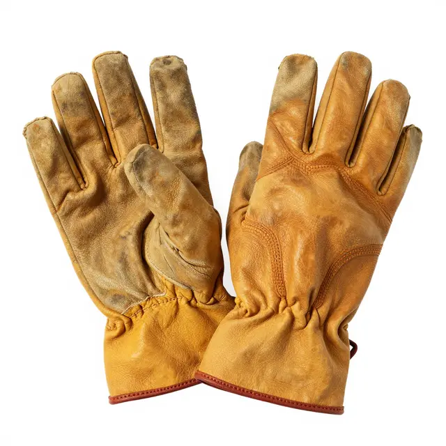 A pair of used tan leather work gloves displayed against a plain pure white studio background.