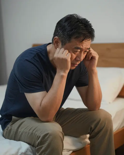 A concerned East Asian man in his fifties sits on a bedroom bed looking down with a troubled expression under warm soft light
