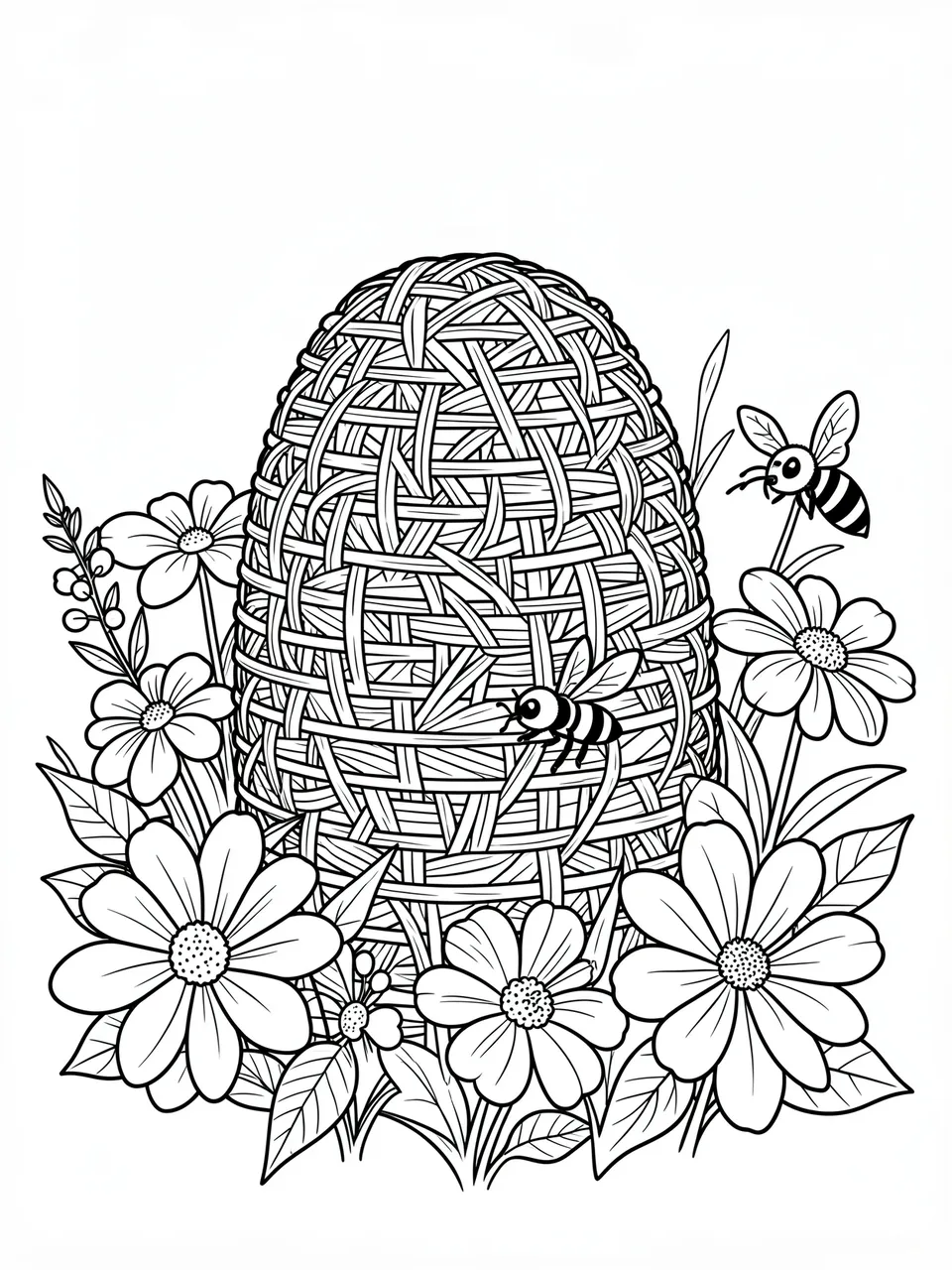 Black and white line art coloring page of a woven straw beehive surrounded by flowers and two bees on a plain white