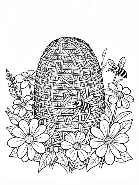 Black and white line art coloring page of a woven straw beehive surrounded by flowers and two bees on a plain white