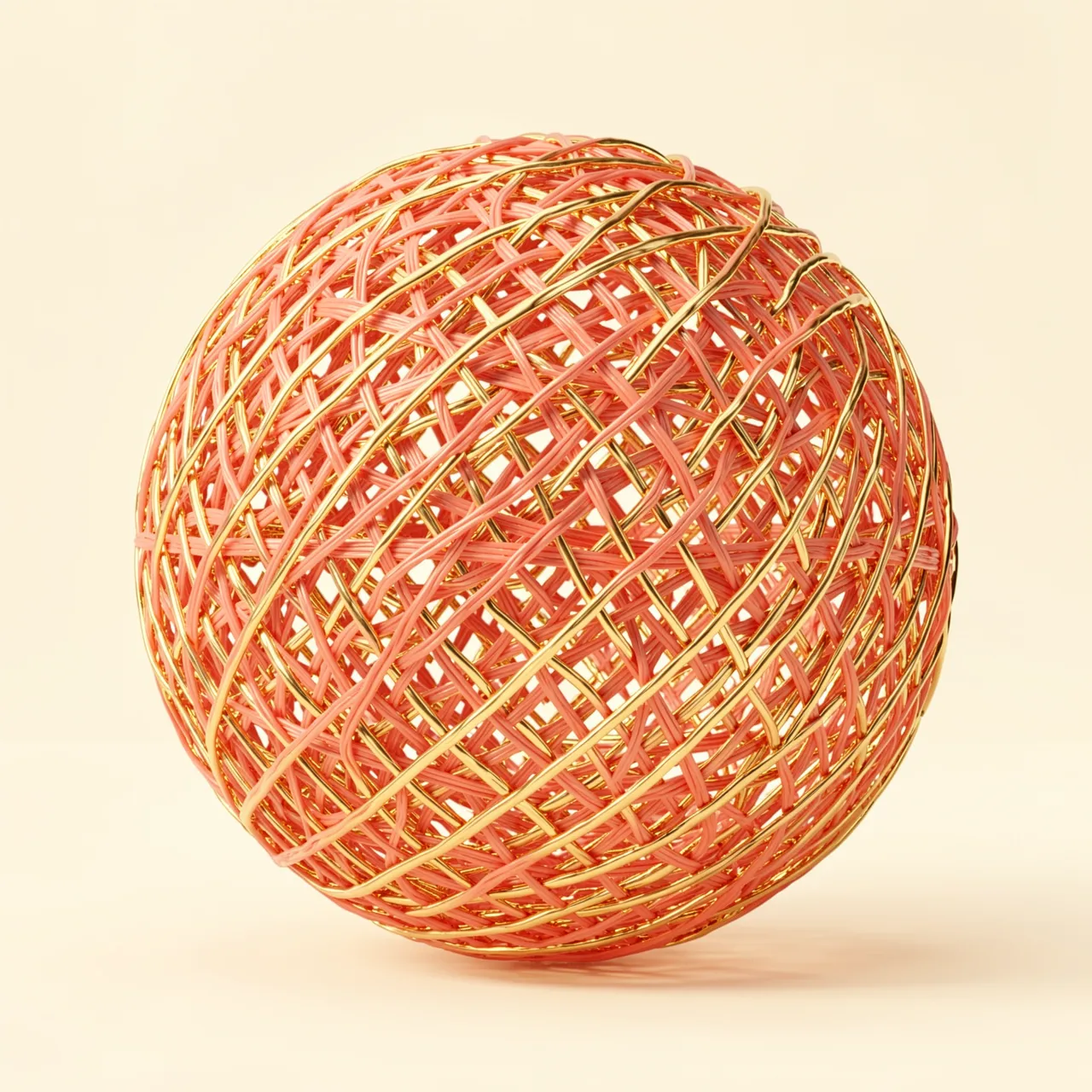 A 3D rendered woven sphere of coral and gold threads rests on a plain cream background