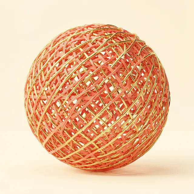 A 3D rendered woven sphere of coral and gold threads rests on a plain cream background
