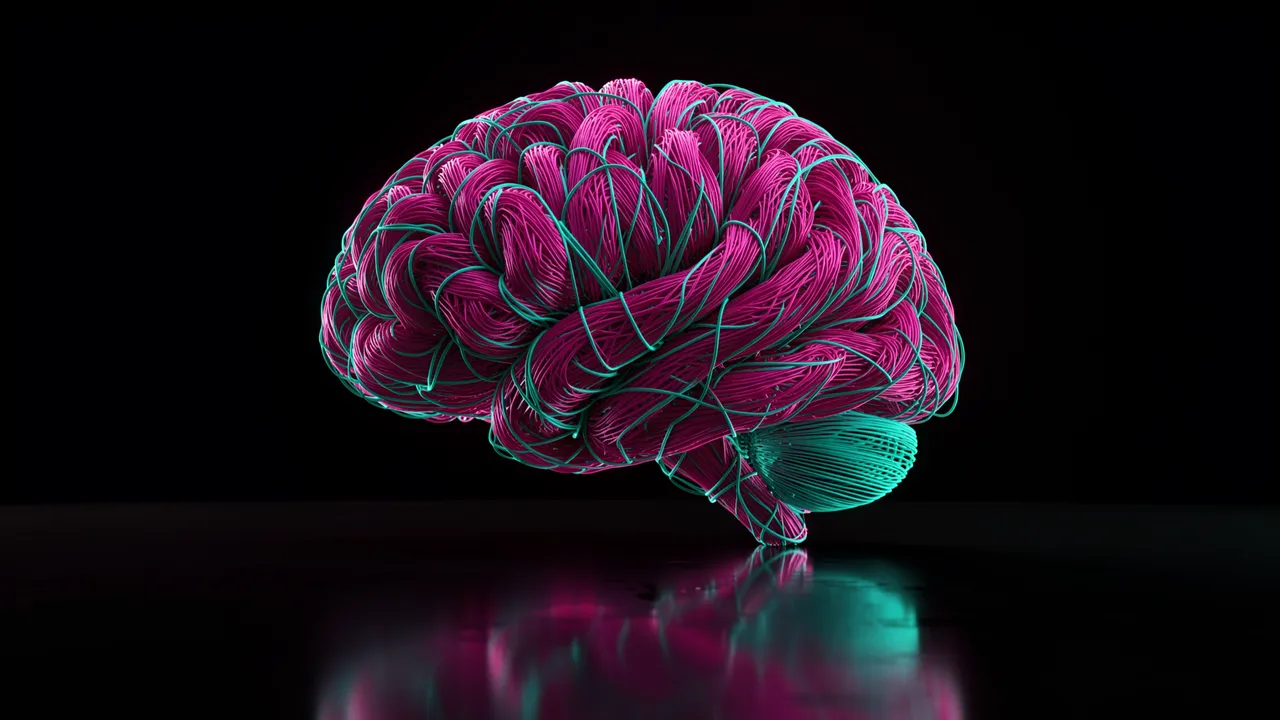 A 3D render of a brain constructed from glowing magenta and teal threads floating above a dark reflective surface
