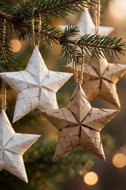 Woven white and natural kraft paper star ornaments hang from a pine branch in soft warm golden light.