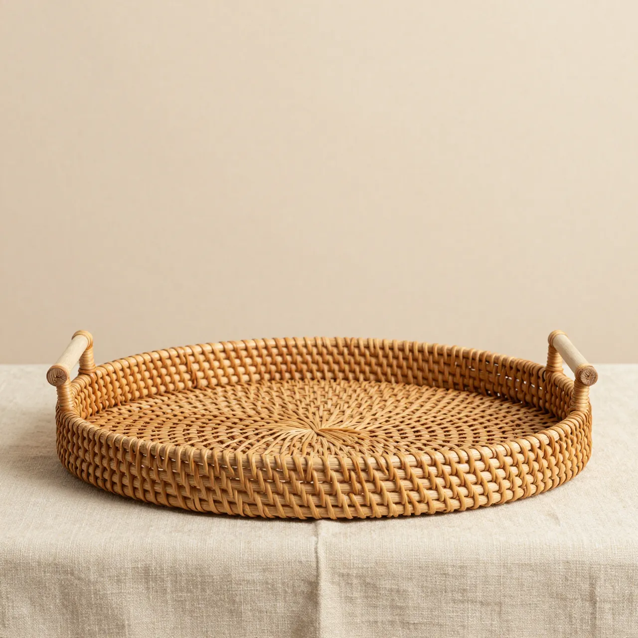A round woven rattan tray rests on light beige linen against a warm neutral backdrop with empty upper copy space