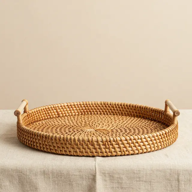 A round woven rattan tray rests on light beige linen against a warm neutral backdrop with empty upper copy space