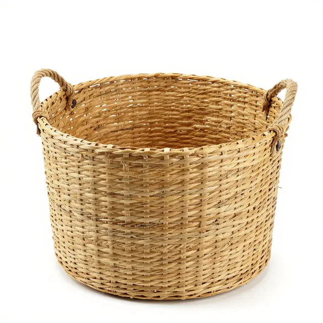 Round woven seagrass basket with rope handles sits isolated on a plain white studio background
