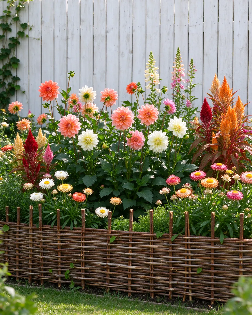 Mixed dahlias, celosia and strawflowers grow in a woven willow bed against a whitewashed fence