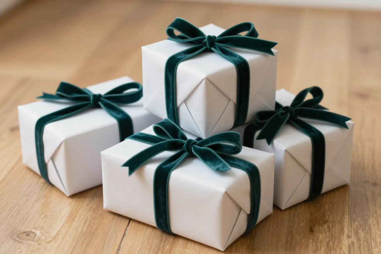 Four white wrapped gift boxes with dark green velvet ribbons arranged on a light wooden floor