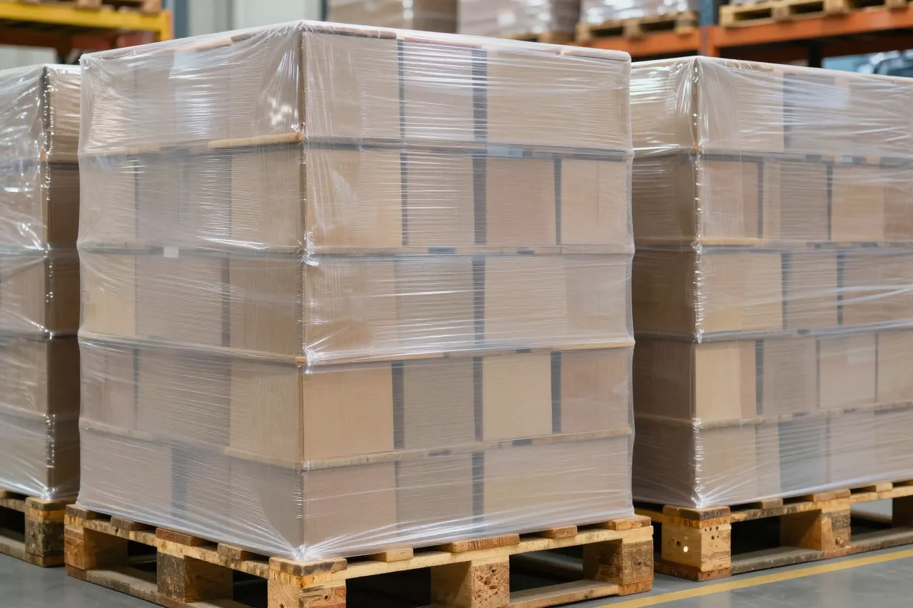 Stacks of plastic-wrapped box pallets sit on a warehouse floor near storage shelving