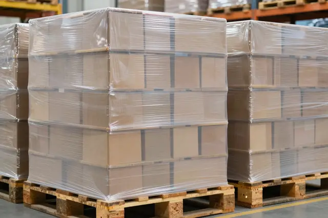 Stacks of plastic-wrapped box pallets sit on a warehouse floor near storage shelving