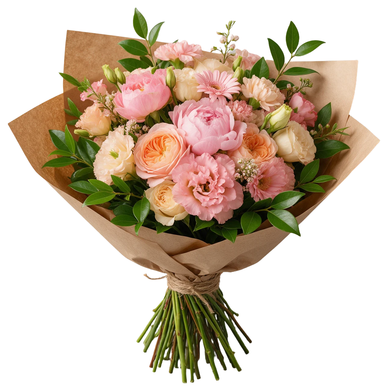 Hand-tied bouquet of pink, peach and cream flowers wrapped in brown kraft paper