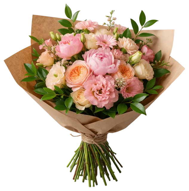 Hand-tied bouquet of pink, peach and cream flowers wrapped in brown kraft paper
