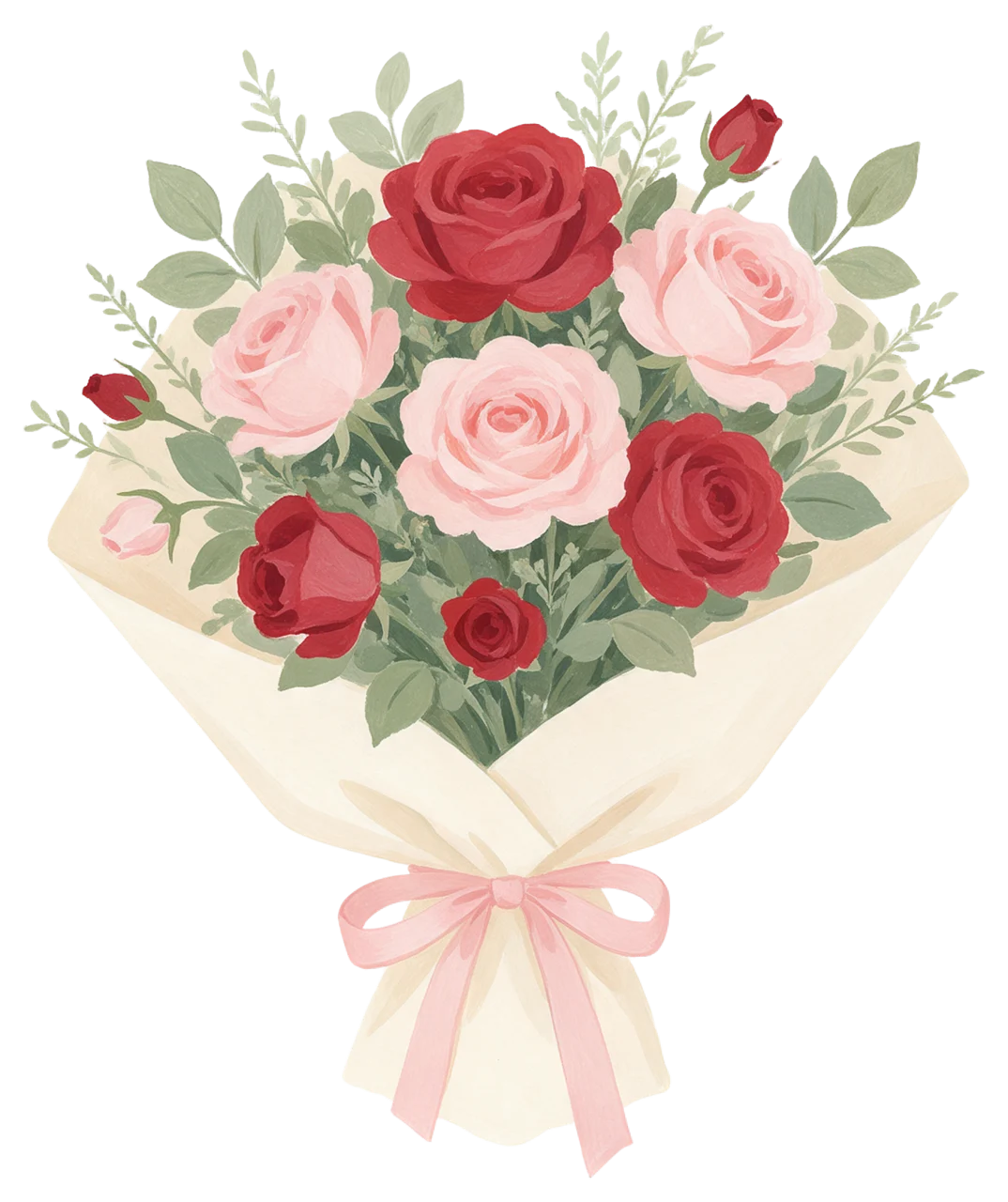 Gouache illustration of a bouquet of red and pink roses wrapped in cream paper with a pink ribbon bow