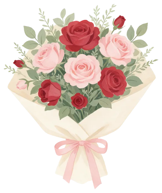 Gouache illustration of a bouquet of red and pink roses wrapped in cream paper with a pink ribbon bow