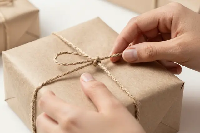 Two hands tie jute twine around a gift wrapped in brown kraft paper, with other wrapped gifts blurred in the background.