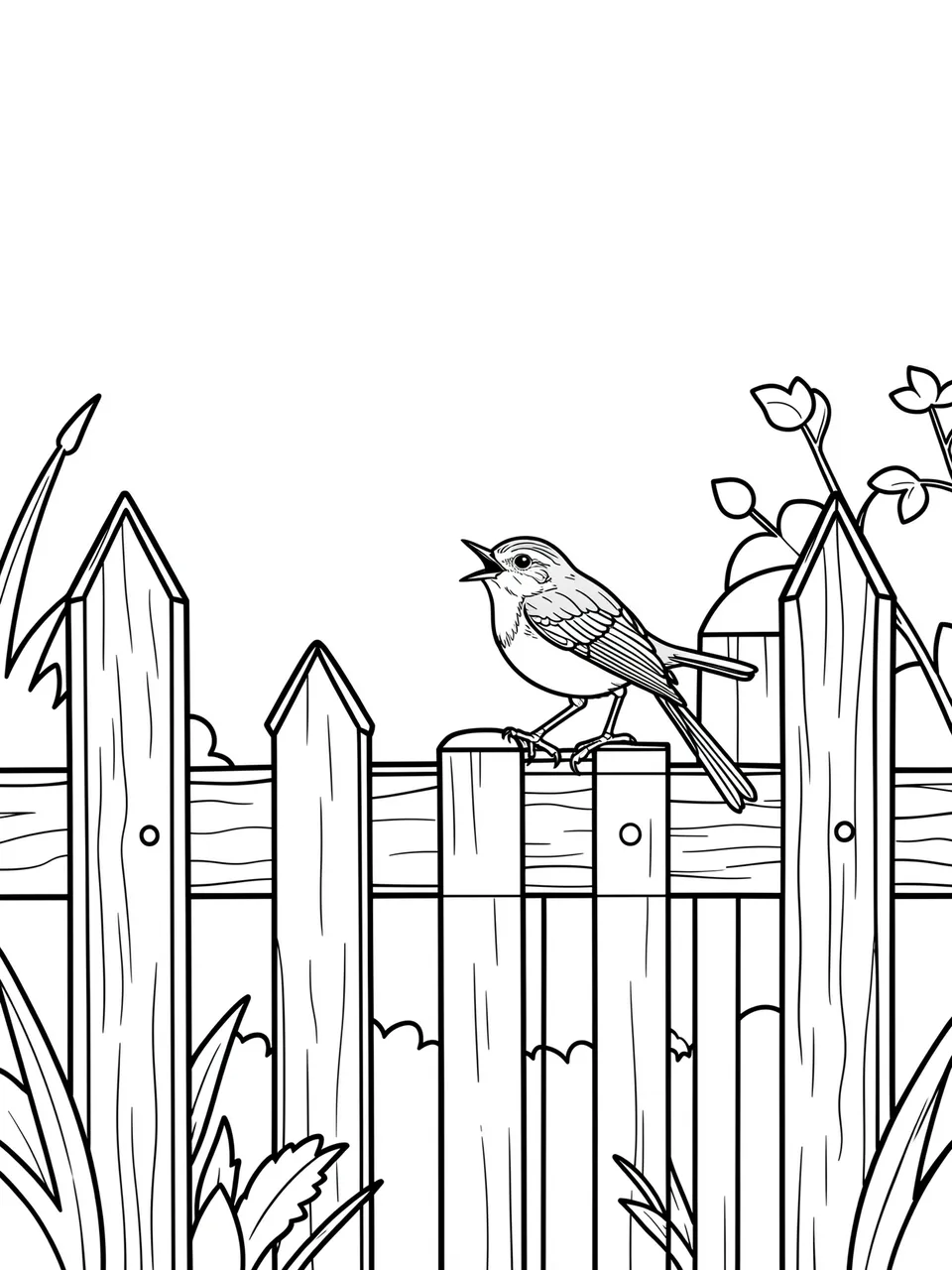 Black and white line art of a wren with an open beak perched on a wooden garden fence, surrounded by garden foliage on a