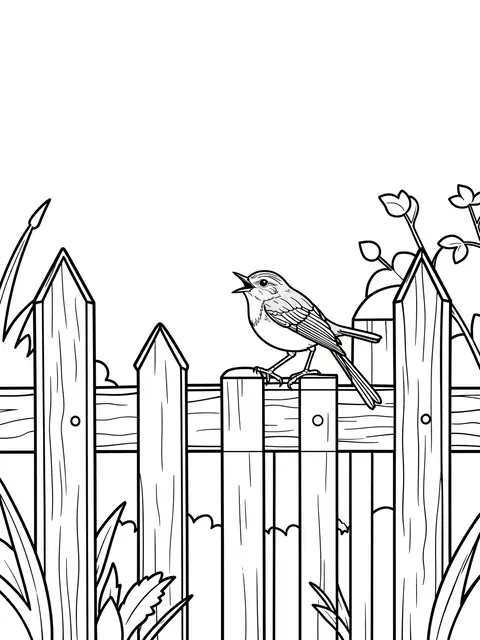 Black and white line art of a wren with an open beak perched on a wooden garden fence, surrounded by garden foliage on a