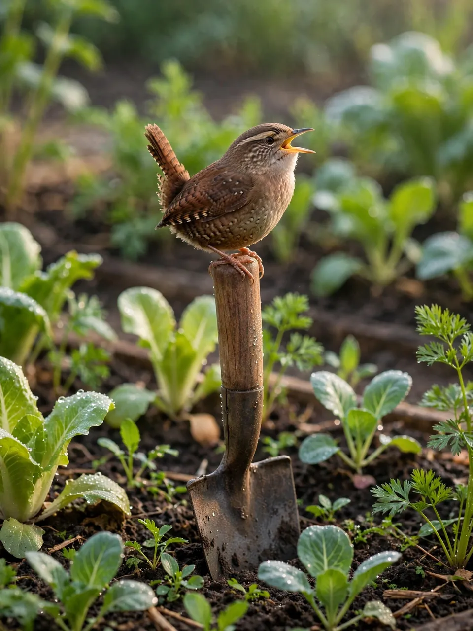 A small brown wren with a cocked tail sings from a spade handle in a sunlit vegetable bed.