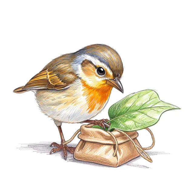 Colored pencil illustration of a small wren using a needle to stitch a leaf into a tiny fabric pouch