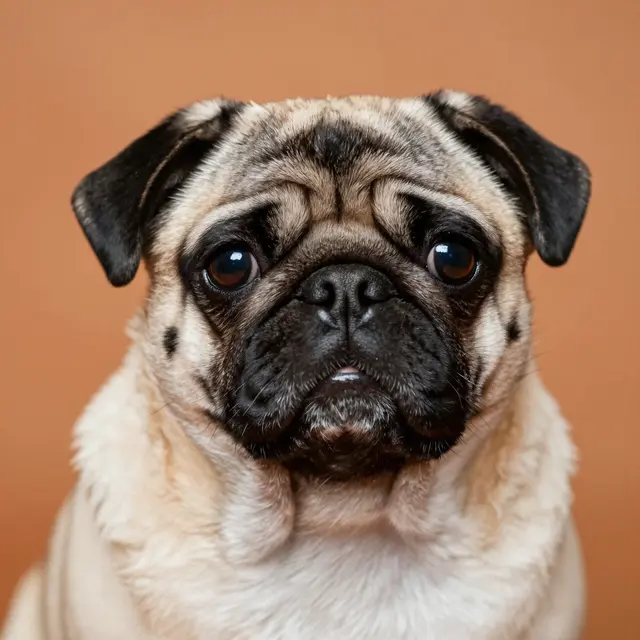 Close-up head portrait of a wrinkled pug looking directly at the camera against a solid warm orange backdrop