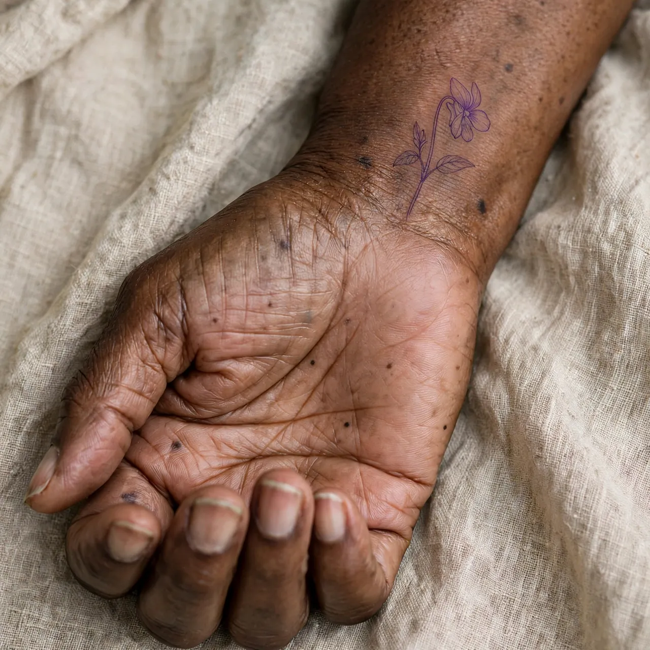 Close up of a Black woman's palm up inner wrist showing a fine line violet flower tattoo resting on linen