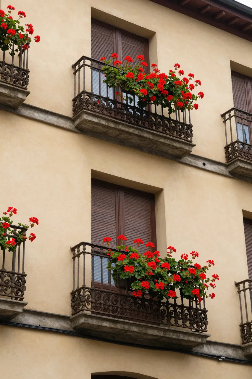 Looking up at a pastel ochre building facade lined with wrought iron balconies overflowing with red geraniums