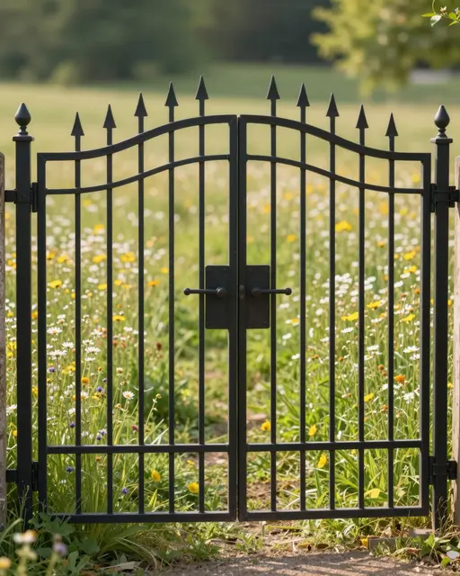 Closed black wrought iron gate framing a sunlit wildflower meadow in soft morning light