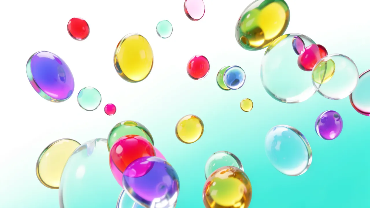 Glossy translucent colorful orbs float over a smooth white to aqua gradient background