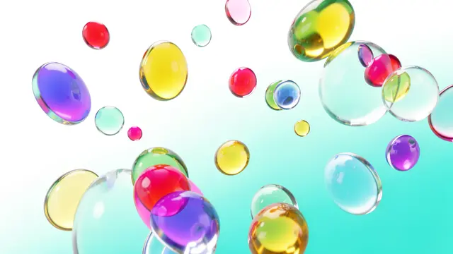 Glossy translucent colorful orbs float over a smooth white to aqua gradient background