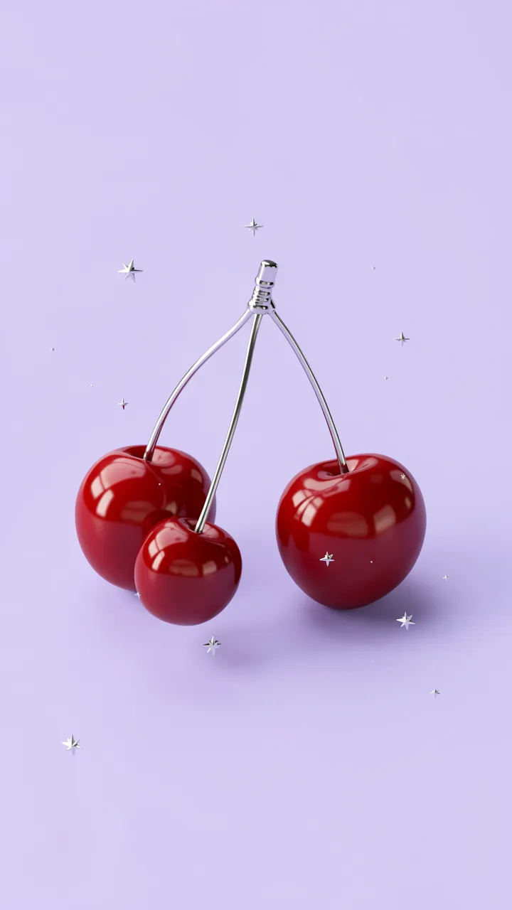 Three glossy red cherries with silver stems and tiny floating stars sit on a pale lilac background