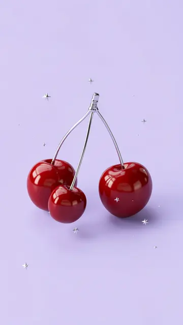 Three glossy red cherries with silver stems and tiny floating stars sit on a pale lilac background
