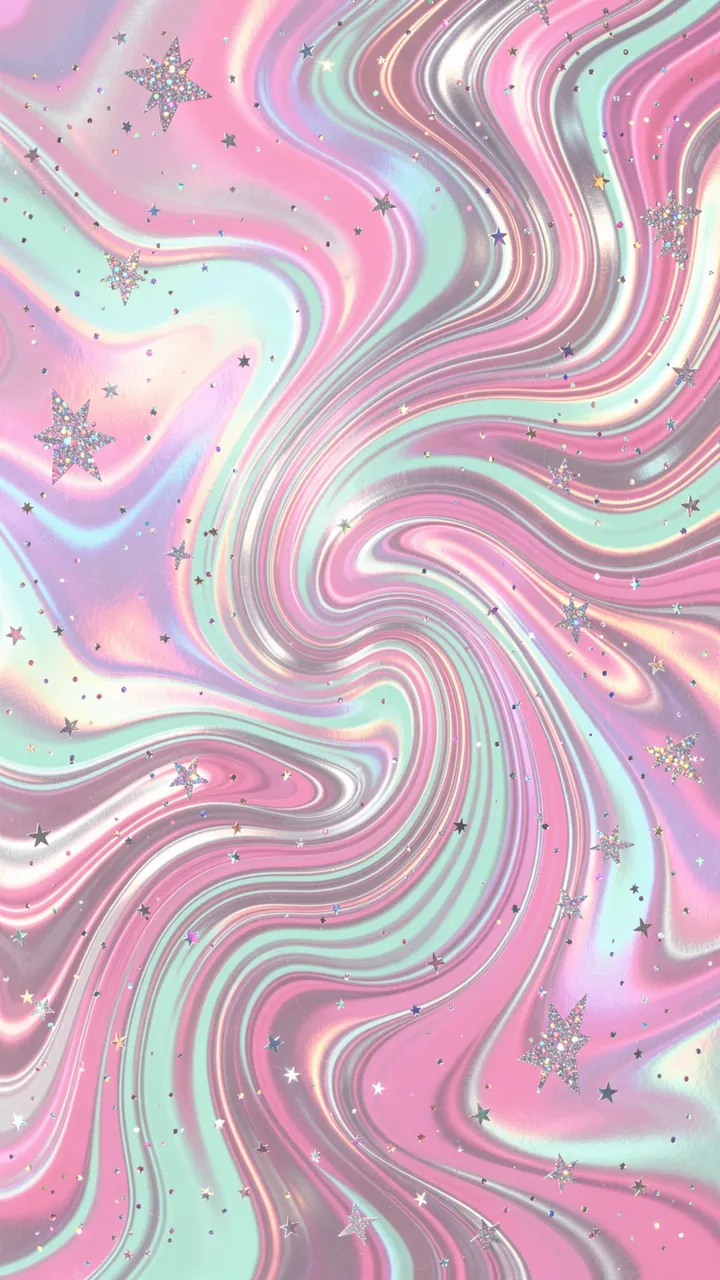 Vertical holographic foil swirl pattern in pink, mint, and silver scattered with glitter star accents