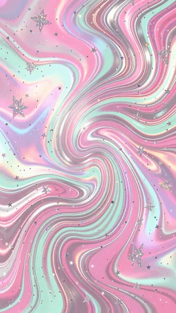 Vertical holographic foil swirl pattern in pink, mint, and silver scattered with glitter star accents