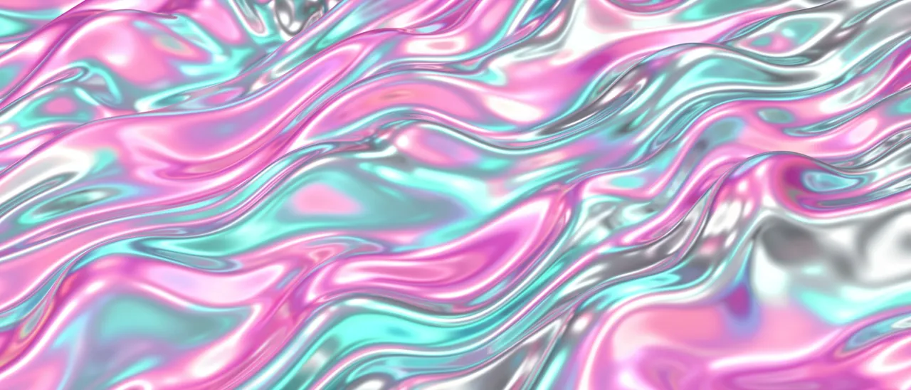 Glossy flowing iridescent liquid waves in pink, cyan, and silver hues