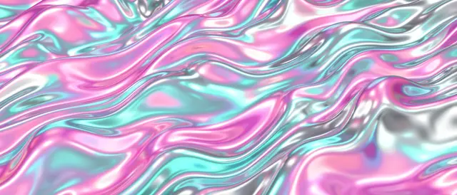 Glossy flowing iridescent liquid waves in pink, cyan, and silver hues
