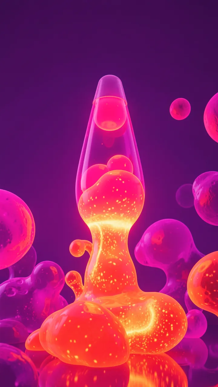 Glowing hot pink and tangerine lava lamp blobs float against a deep purple background in a vertical composition