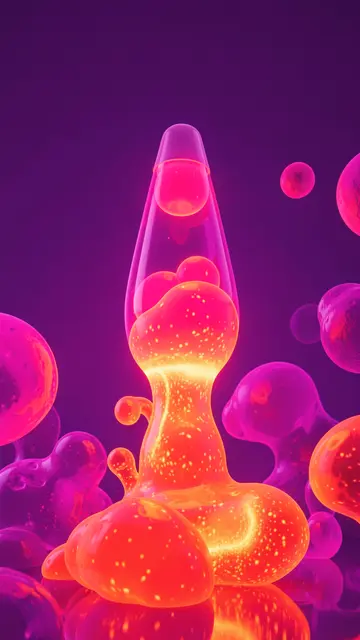 Glowing hot pink and tangerine lava lamp blobs float against a deep purple background in a vertical composition