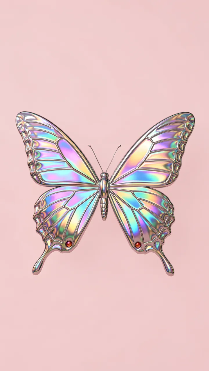 A holographic liquid metal butterfly floats centered on a solid pale pink vertical background
