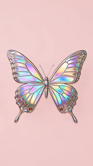 A holographic liquid metal butterfly floats centered on a solid pale pink vertical background