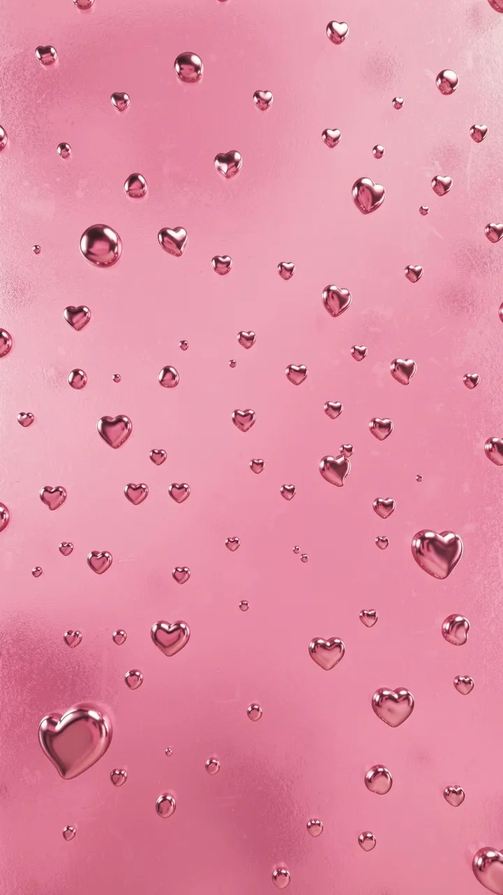 Shiny liquid-metal heart and droplet shapes float across a soft frosted pink vertical background.