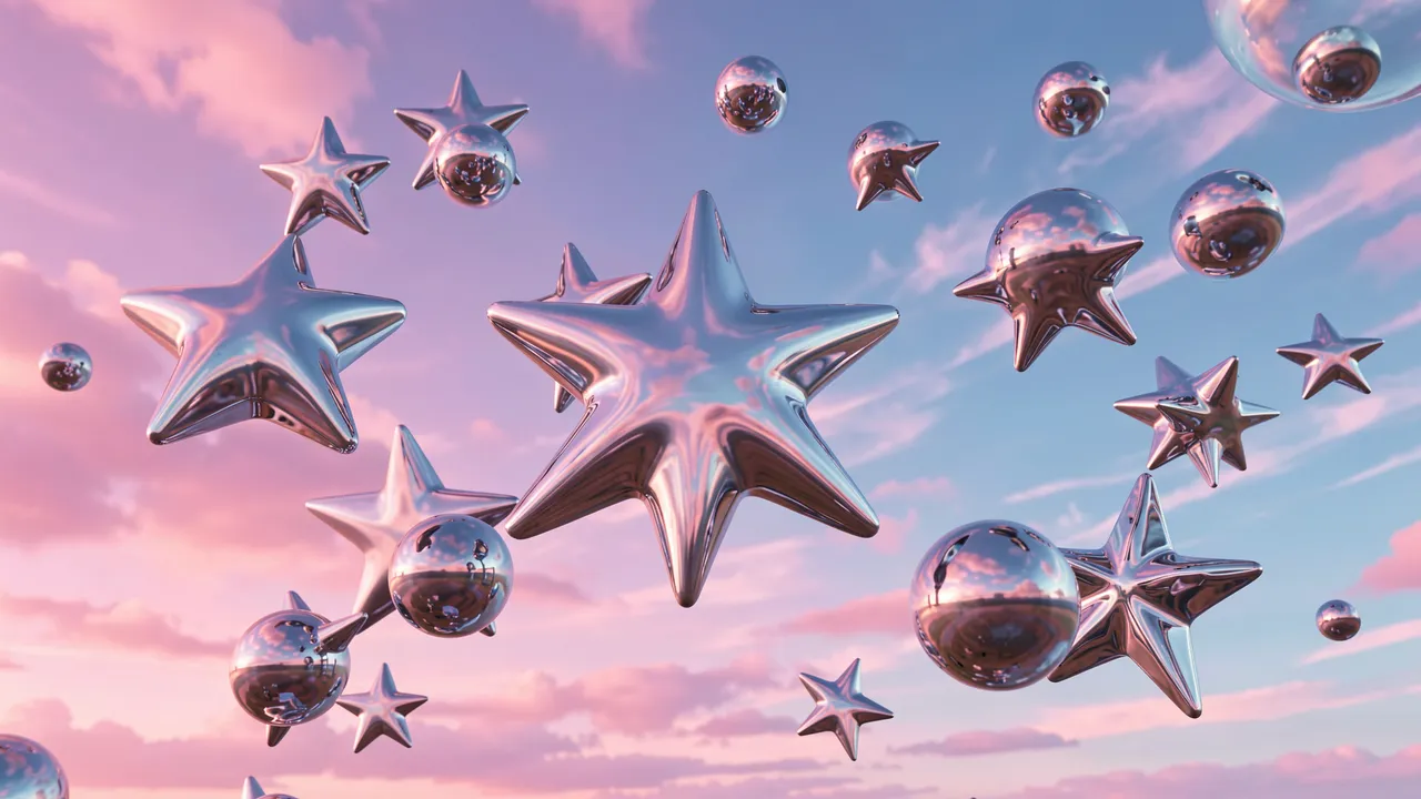 Shiny metallic stars and orbs float against a soft pink and blue gradient sky