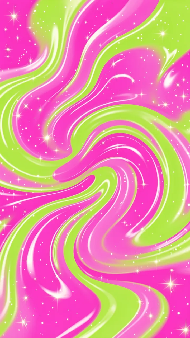Glossy vertical swirls of bubblegum pink and lime green dotted with bright sparkling stars
