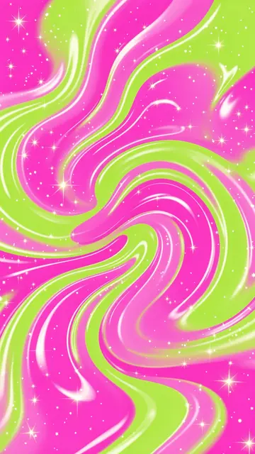 Glossy vertical swirls of bubblegum pink and lime green dotted with bright sparkling stars